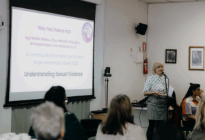 an image of Ange Jones from the Whangārei Rape Crisis talking at the hui