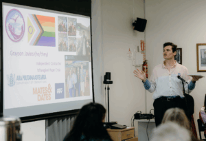 an image of Grayson Javins from the Whangārei Rape Crisis talking at the hui